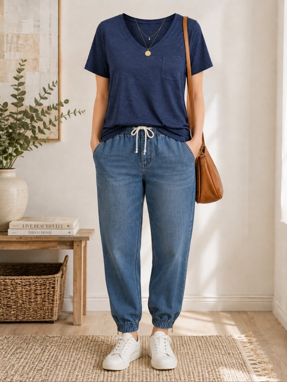 Marled Navy V-Neck Short Sleeve Tee